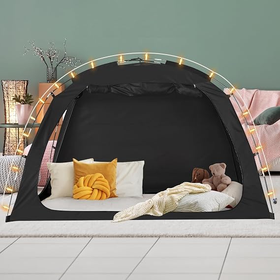 EighteenTek Bed Canopy with Lights, Sleeping Dream Full Bed Tent, Portable Cottage Drafty Room Blackout Breathable Privacy Big Indoor Tents for Girls & Boys Bedroom Decor, Black