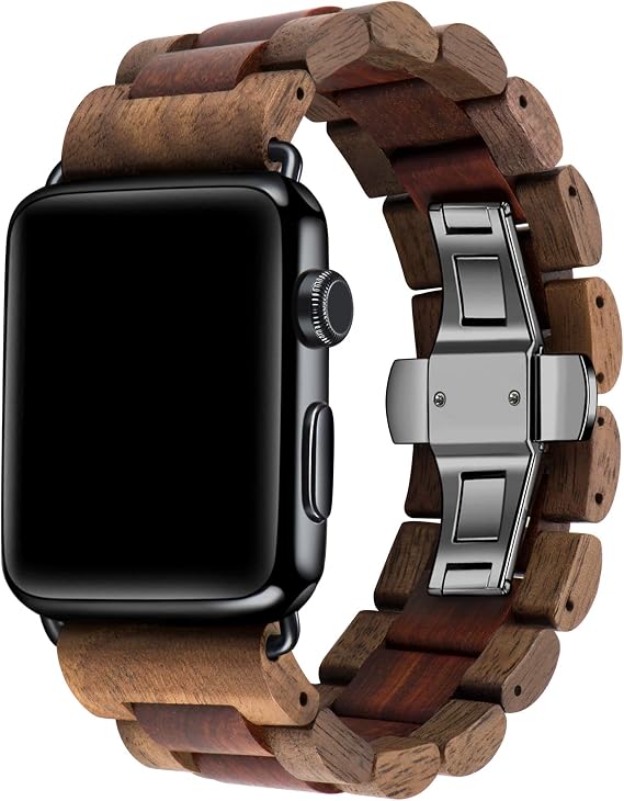 Kinobo Wooden Watch Band Compatible with Apple Watch,Natural Hardwood Watch Strap Thickened Wrist Bracelet for iWatch Series 8,7, 6, 5, 4, 3, 2, 1, Sport, Edition (Walnut + Sandal--42/44/45mm)
