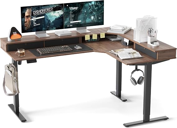 CubiCubi L Shaped Standing Desk with Drawers 63 x 48 Inch Adjustable Height, Electric Corner Desk with Storage, Sit Stand Home Office Desk with Splice Board, Black Walnut