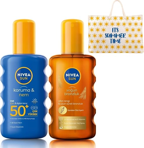 NIVEA Sun SPF 50+ Koruma & 48 Saat Nemlendirme Güneş Kremi Sprey 200 ml ve NIVEA Karoten Özlü Yoğun Bronzlaştırıcı Sprey Güneş Yağı 200 ml