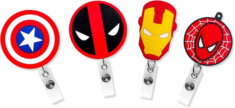 4 Pcs Set Superheroes Retractable Badge Holder ID Name Badge Reel Clip On Card Holders Cute for Office Work Nurse - 30 inch Cord Extension