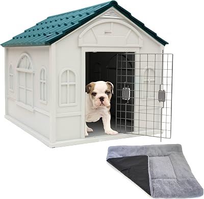 Luxury Dog House with Pet Bed and Steel Door – Ventilated Animal Kennel for Indoor or Outdoor Use – Pet Shelter with Weatherproof PP Material and Raised Flooring for Small to Large Dogs
