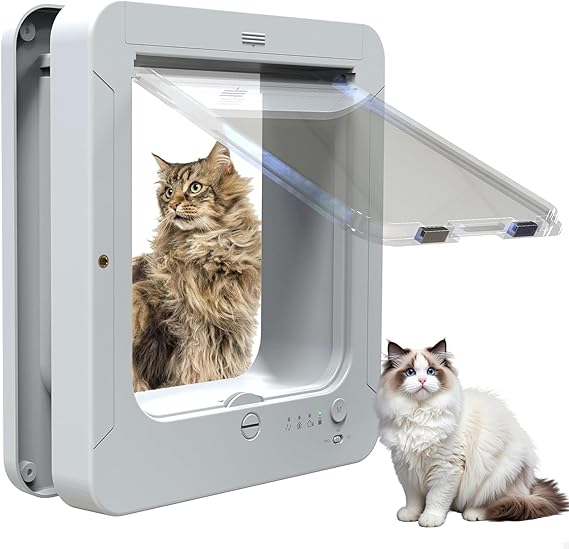 Microchip Cat Flap, Automatic Pet Door 11.5"x10" with Collar Sensor, 4 Way Locking, Remote Control, Weatherproof for Cats & Small Dogs white