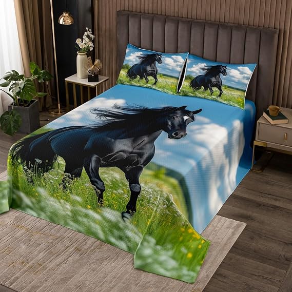 Castle Fairy 3D Horse Bedspread Queen Size Southwest Grassland Coverlet Set Kids Room Present Farmhouse Horse Animal Bedroom Decor Bedding Set Nature Landscape Bedding with 2 Pillowcases