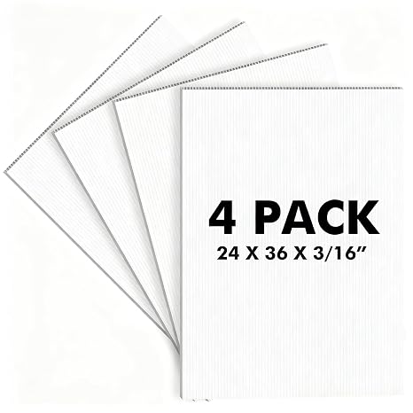 Corrugated Plastic Board 24x36 4-Pack White Plastic Poster Board, 5mm Thick