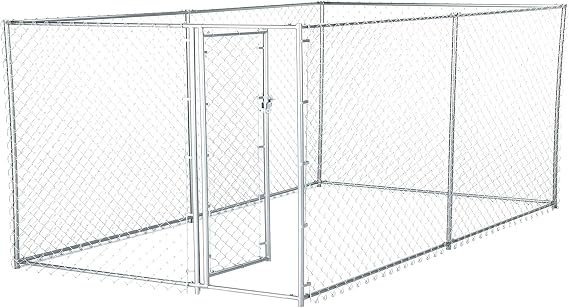 Lucky Dog Heavy Duty Outdoor Galvanized Chain Link Dog Kennel Enclosure with Latching Door, 1.5 Inch Raised Legs, and Adjustable Configuration, Silver