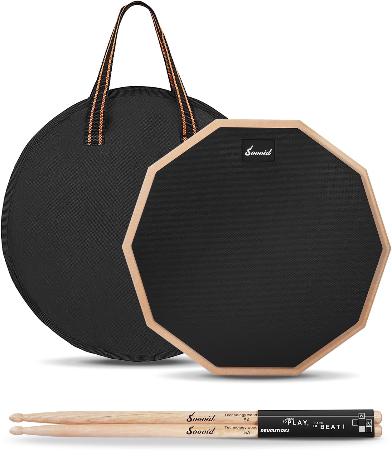 12 Inches Drum Pad and 5A Drum Sticks, Double Sided Snare Drum Practice Pad for Drummers, Silent Practice for Adults and Kids with Storage Bag - Black