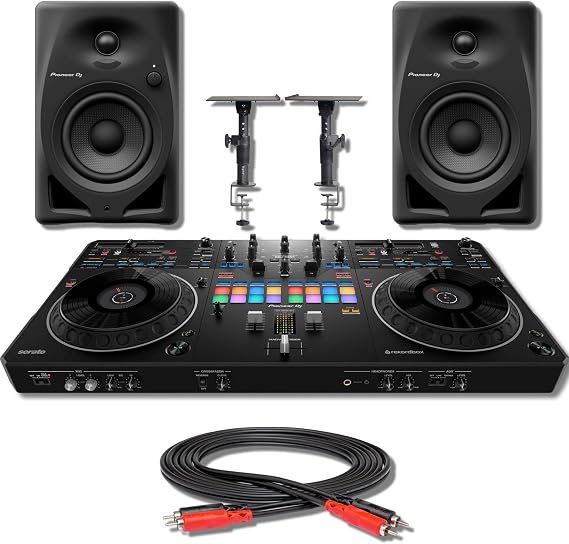 Pioneer DDJ-REV5 4-deck DJ Controller with Pioneer DM-40D 4-inch Desktop Active Monitor Speaker Pair, Adjustable Speaker Stands and 6.5' RCA-RCA Cable