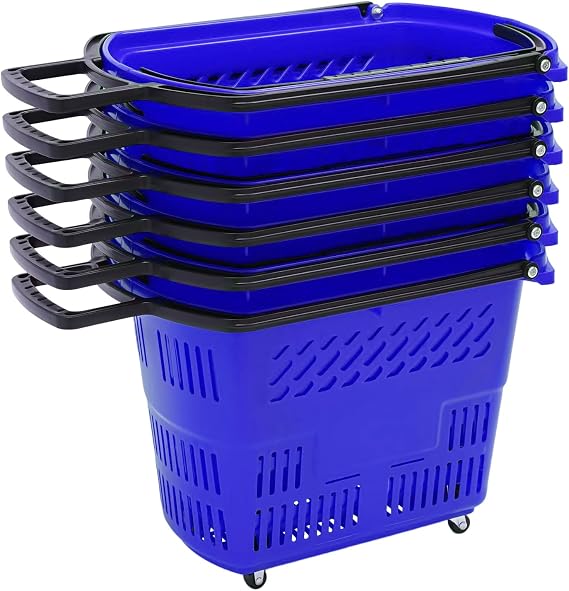 6PCS Shopping Basket with Wheels and Handle, Plastic Rolling Shopping Cart Trolley Large Storage Capacity Flexible Movement for Market Grocery Retail Store (Blue)
