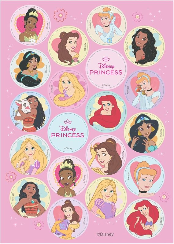 Dekora, Disney Princesses, Mini Wafer Discs, Edible Decorations for Cupcakes, Cookies and Muffins, Kids Birthday Party Decorations, 3.4cm Round Round 3,4 CM