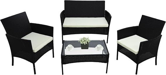 Alivio 4 Piece Rattan Sofa Set, Patio Rattan Furniture Set with Coffee Table, Weather Resistant Anti-UV Cushions for Indoor Outdoor (Black)