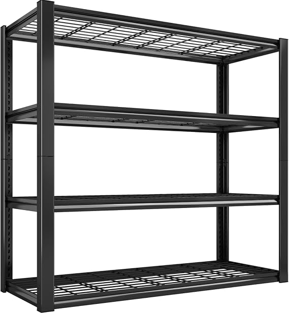 REIBII 40" W Storage Shelves with Wire Mesh Panels for Garage Organization | 560Lbs/tier, 40" W x 19.5" D x 59.5" H, Adjustable, 4-Tier, Double-Layer Frame, Rustproof Finish, for Basement Warehouse Shed