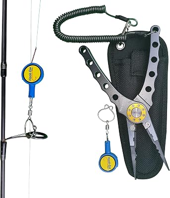 HOOK-EZE Grey Aluminum Fishing Pliers and Standard Blue Knot Tying Tool - Hook Remover and Split Ring with Coiled Lanyard - Multifunctional Cutter and Tool - Saltwater Freshwater Fly Fishing