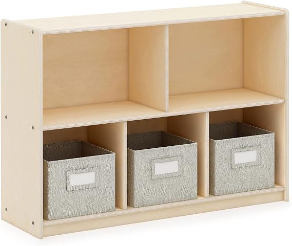 Guidecraft EdQ 5 Compartment Storage 30'' Natural with 3 Fabric Bins: Wooden Kids Bookcase, Two Shelf Organizer for Books, Toys, Games, Arts, Crafts, School Supplies; Home and Classroom