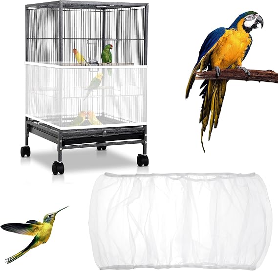 Adjustable Bird Cage Cover, 41-67Bird Cage Seed Catcher Guard White Soft Airy Nylon Mesh Net Birdcage Cover Skirt Netting Seed Catcher Birdcage Accessories for Parrot Enclosures Cages
