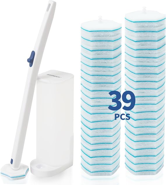 BOOMJOY Disposable Toilet Brush Set - Toilet Bowl Cleaner Wand with Holder, 39PCS Toilet Brush Wand Refills