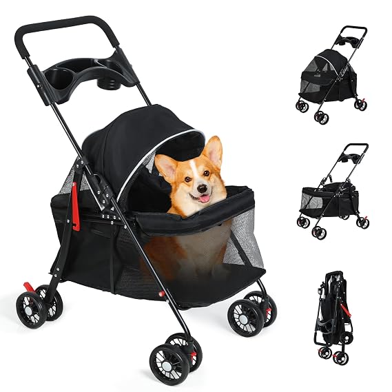 Dog Cat Stroller Outdoor Travel Pet Folding Stroller, 4 Wheels Pet Stroller with Cup Holder, Small Dog Stroller, Breathable and Visible Mesh Pet Stroller for Medium Small Pets 1 Set