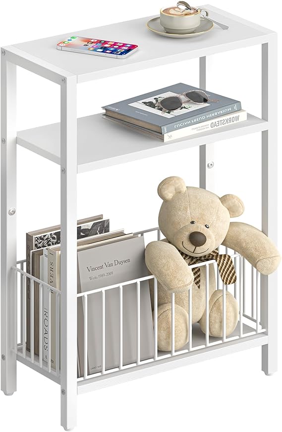 Narrow Side Table with Storage Basket Small End Table for Small Space,White