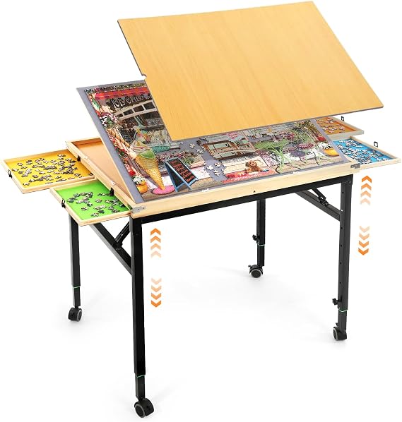 Solid Wood Puzzle Table with Drawers, Height Adjustable & Tilting