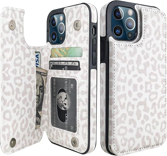 HAOPINSH Wallet Case with Card Holder for iPhone 12/12 Pro, White Leopard