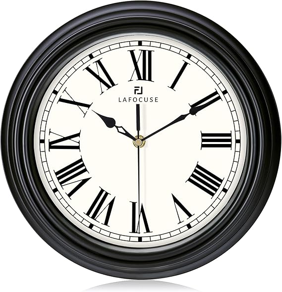 Lafocuse 12 Inch Analog Retro Black Wall Clocks Roman Numerals | Battery Operated, Silent Non Ticking, Accurate, Round Clock for Bedroom Kitchen Bathroom Office Home Living Room Decor