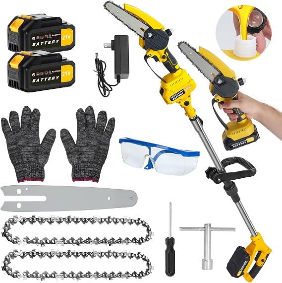 2-in-1 Electric Pole Saws for Tree Trimming, 5.9'' Mini Chainsaw Cordless with Extension Pole, Battery Powered Pole Chain Saw, 7.7lb Lightweight, Tree Trimmer for Branch Cutting (Yellow)