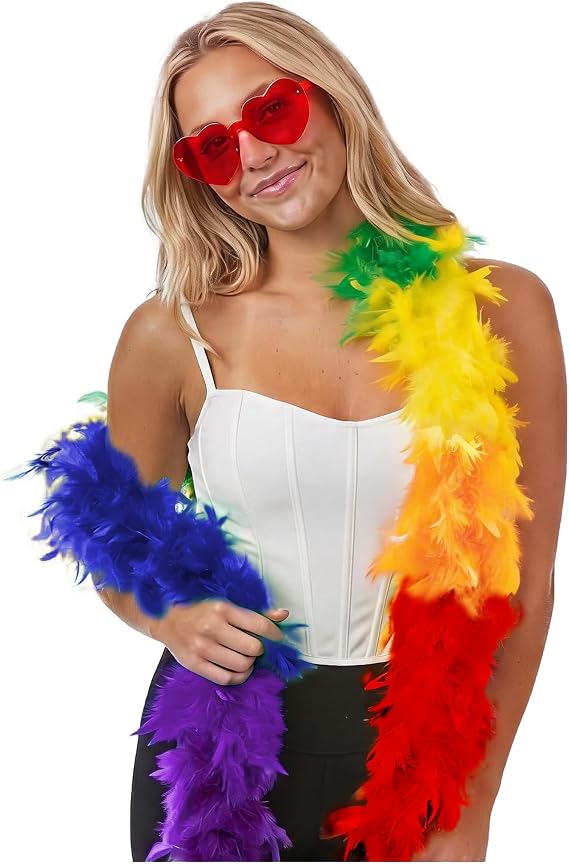 JICASTO Colorful Feather Boas 45g, 6.6ft Feather Boa for Women for Dancing Wedding Party Halloween,with Heart Sunglasses