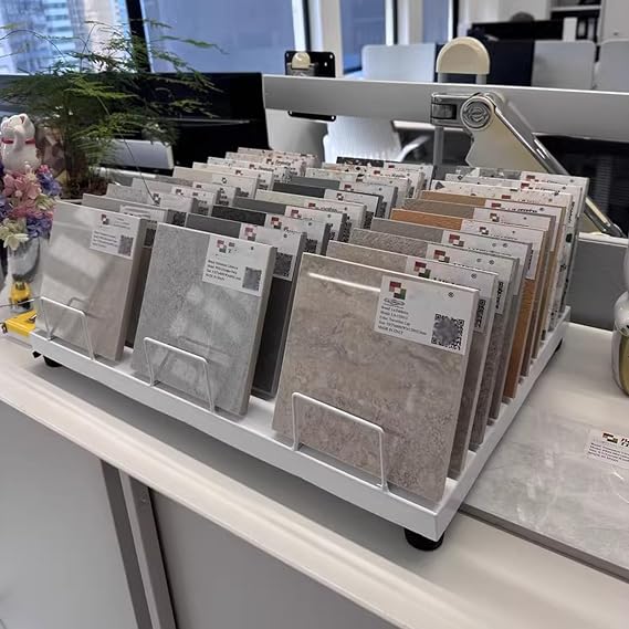 Tile Sample Display Rack for Trade Show, Multi-Layer Glass Templates Holder, Large Capacity Metal Sample Stand for Ceramic Tiles/Wood Bricks(White,30 Card Slots)