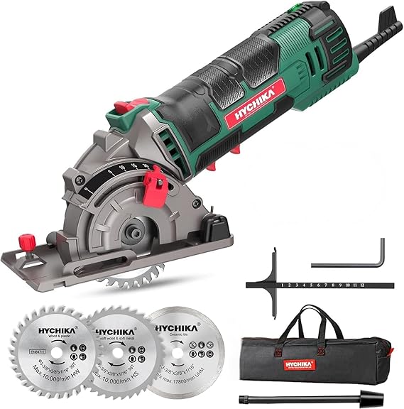 HYCHIKA Mini Circular Saw, Compact with 3 Blades 4A Pure Copper Motor, Scale Ruler, 3-3/84500RPM Ideal for Wood, Soft Metal and Plastic Cuts