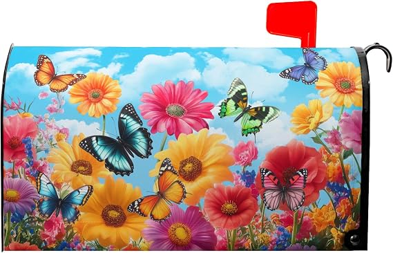 Spring Summer Mailbox Covers Magnetic Standard Size 18x21 Inch Colorful Wildflowers Butterfly Magnetic Mailbox Cover Spring Floral Mailbox Wraps Post Box Cover Decoration for Home Outdoor Outside