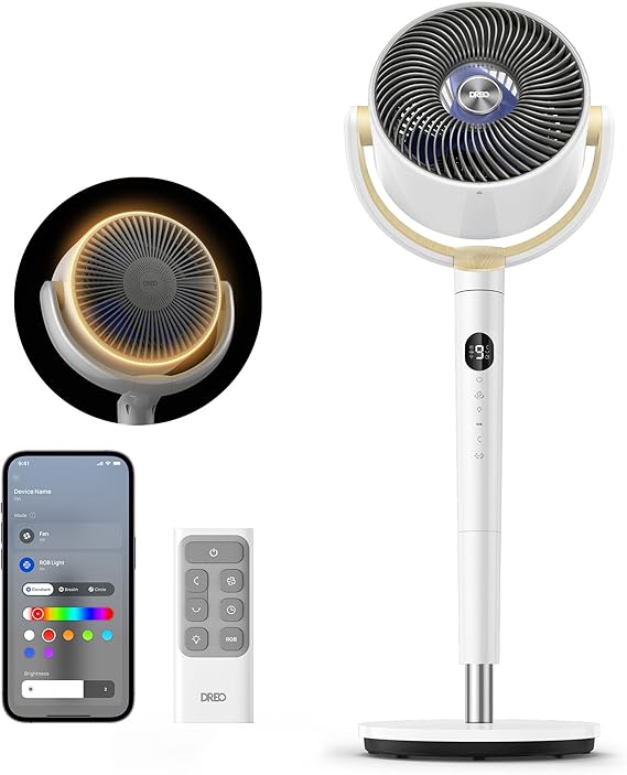 DREO Smart Fan for Bedroom, 120 +120 Omni-Directional Oscillating Fans, 100ft Quiet Pedestal Fan with RGB Light, 9 Speeds, 6 Modes, 8H Timer, Wi-Fi/Voice/Alexa, 35-40" Floor Fans with Remote