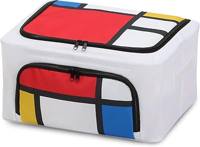 ASTRO Clothes Storage Bag, Clothes Storage Bins Foldable Closet Organizers with Wire, Zipper, Top and Front Bins for Sweaters, T-Shirts, Blankets, Red Yellow White Blue, Artwork, Piet Mondrian Style