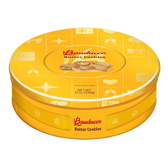 Bauducco Assorted Butter Cookies Tin, 12 oz (Pack of 1) Traditional Danish Shortbread Style Cookies, Perfect Holiday Gift or Sweet Snack Treat - No Artificial Colors