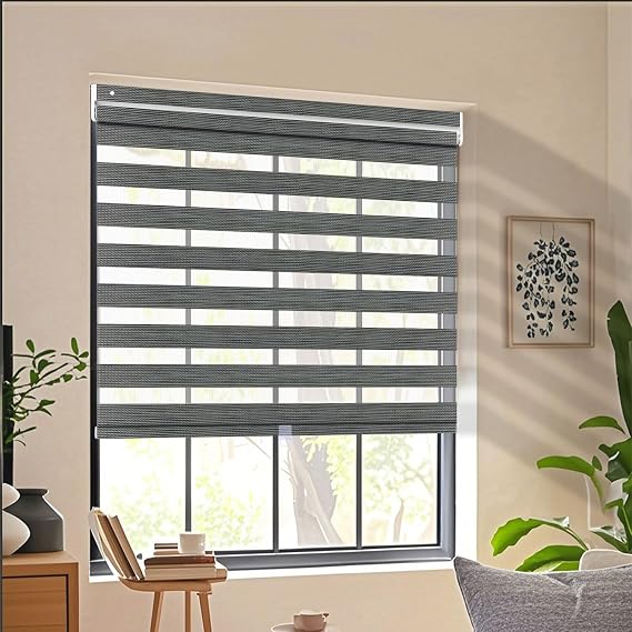 Cordless Zebra Blinds No Drill No Tools Dual Layer Fabric Roller Shades for Window Custom Size Blackout Privacy Window Blinds and Shades for Room Darkness, 95% Darkness Dark Grey, 29" W x 52" H