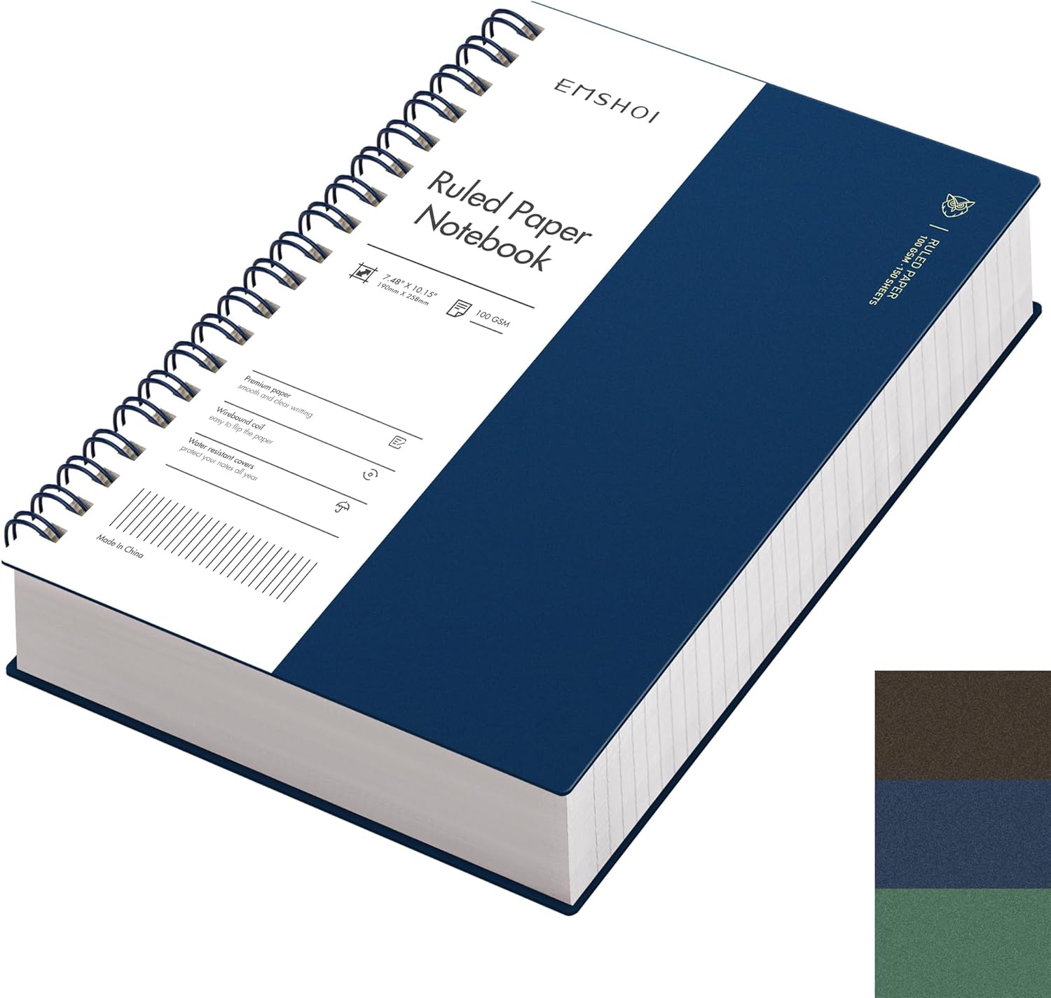 EMSHOI B5 Notebook Lined 300 Pages150 Sheets, Spiral Notepad Multi-coloured, 100gsm Thick Paper, Waterproof Hardcover, Writing Journal for Women Men Work Office School,19 x 25 cm, Blue