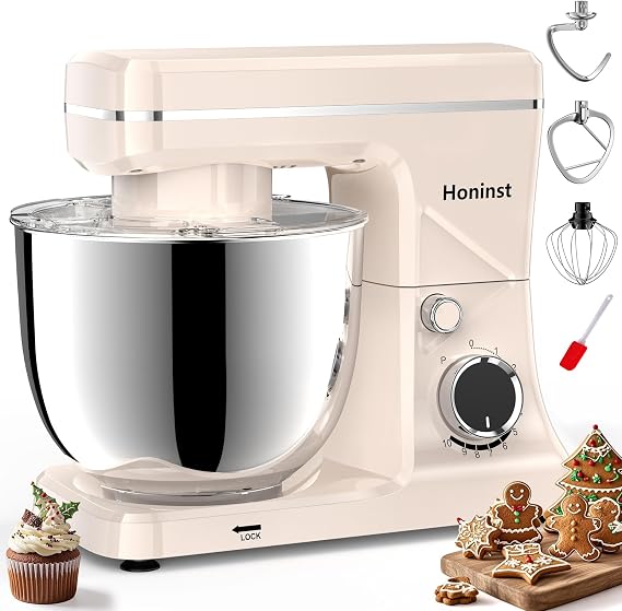 Honinst Stand Mixer, 10-Speed Kitchen Electric Mixer, 6QT Food Mixer with 8-in-1 Splash Guard, Dishwasher-Safe Dough Hook/Whisk/Beater/Spatula, Dough Mixers for Baking, Beige