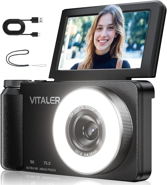 5K Digital Camera for Photography with Fill Light,75MP Flip Screen for Kids