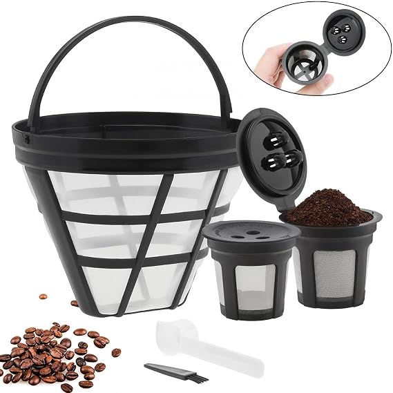Reusable Coffee Filter Basket for Ninja Dual Brew Coffee Makers - 2 Pack - 2 Reusable K-Cup Pod Coffee Filters - 1 Pack of Coffee Filters #4 Fits Most 8-12 Cup Basket Drip Coffee Machines - BPA Free