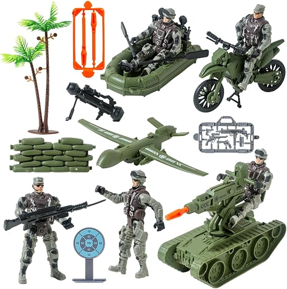 Wbzle Military Soldier Men Action Figures, 15PCS US Army Soldier Plastic Figure Set Military Base Playset Vehicles Play Combat Toys, Army Toy Set for Kids, Boys, Age 3 4 5 6+