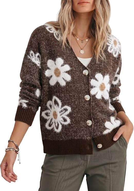 Dokotoo Womens Fuzzy Cardigan Sweaters Floral Knit Open Front Coat