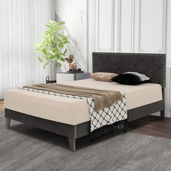 Upholstered Full Bed Frame, Low Velvet Mattress Foundation w/Wooden Slats, Button Tufted & Nailhead Trim Headboard, No Box Spring Needed, Easy Assembly, Double Platform Bed Frame Full Size