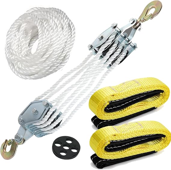 4000LB 65 Feet Rope Hoist Pulley with 2 Sling Strap, 2 Ton Wheel Block and Tackle System 7:1 Ratio Lifting Power White Rope