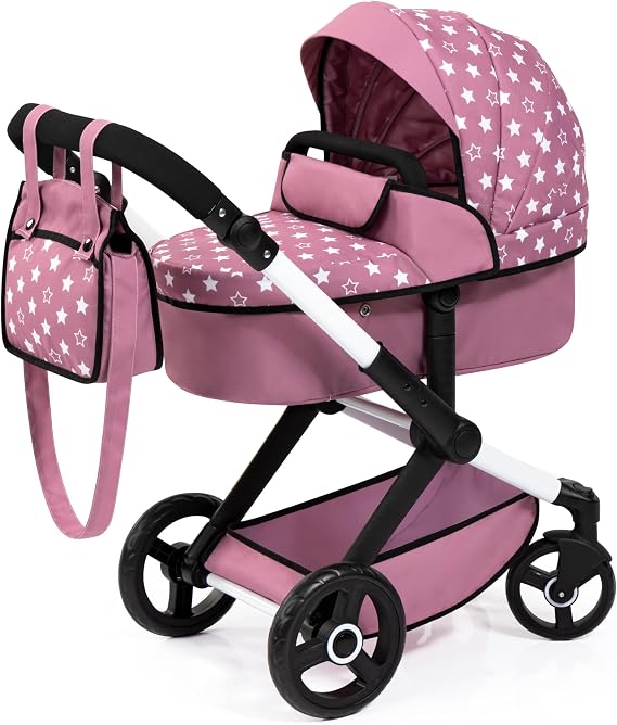 Bayer Design Xeo Doll Pram, 18" Foldable Pink Stroller with Bag, Stars