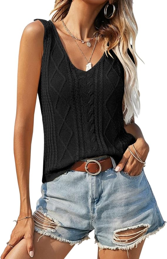 Womens Crochet Tank Tops Beach Vacation Clothes Trendy Summer Sweater Vest | V Neck,Sleeveless Tops,White Tanks,Casual Shirts,Cozy Knit,Resort Wear,Going Out,Casual Daily Wear