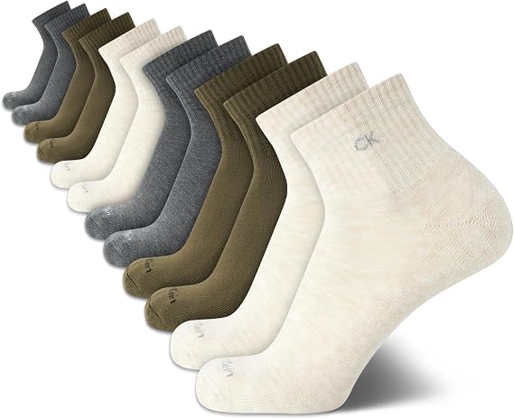 Calvin Klein Mens 12 Pack Cushioned Stretch Performance Quarter Cut Socks | Breathable Moisture Wicking Yarn With a Padded Footbed and Snug Arch Band, Ankle Height Comfort for Running, Gym and Sports