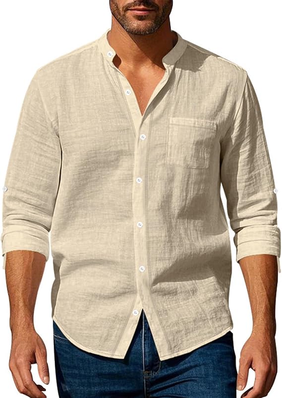 Volemo Mens Linen Shirts Long Sleeve Grandad Shirt | Adjustable Cuffs, Band Collar, Chest Pocket, Button Closure, Relaxed Fit, Lightweight Breathable, Beach Holiday Daily Casual