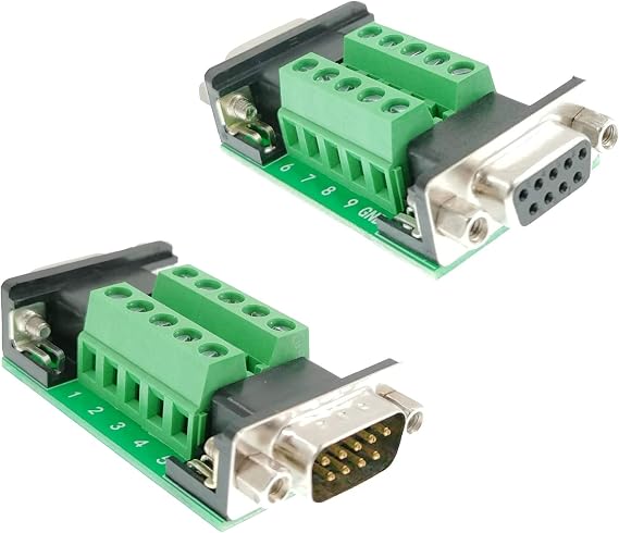 DB9 Breakout Board Adapter 2-Pack - DB9 Male & Female to Terminal Connector for RS232/RS485/CAN/RS422 Serial Signals, 9-Pin D-Sub to Screw Terminal Module (6cm x 3cm)