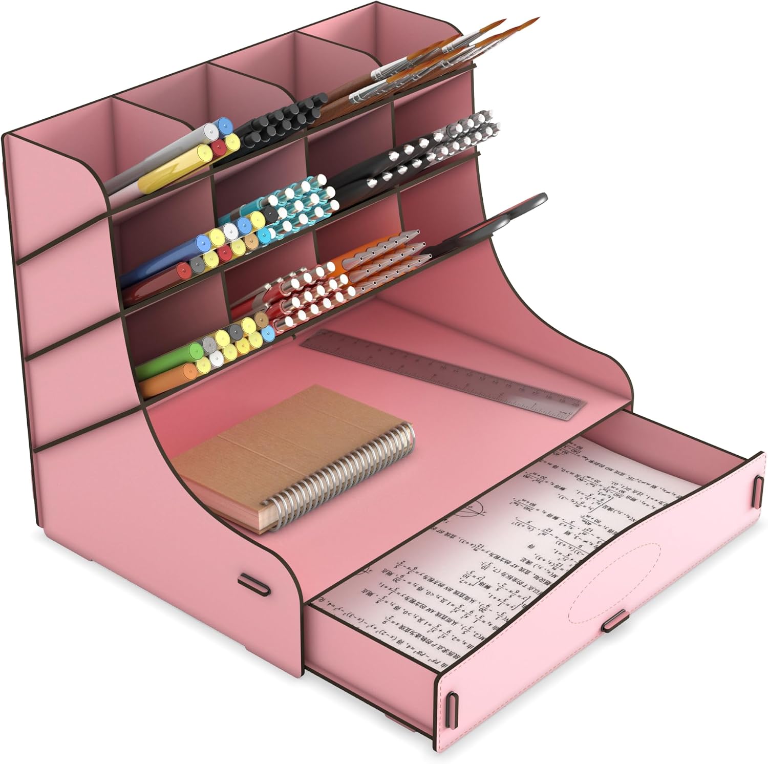 Mingitav Chamber 12 Eyes Oversized Desktop Pen Holder Organizer, Desktop Organizer A4 Document Rack with Drawers (Pink)