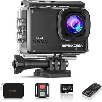 Apexcam 4K 60FPS 64MP EIS WiFi Action Camera with 64GB Memory Card Waterproof Underwater Camera 40M Sport Camera 2.0LCD 2.4G Remote Control 2X1350mAh Batteries and Multiple accessorie