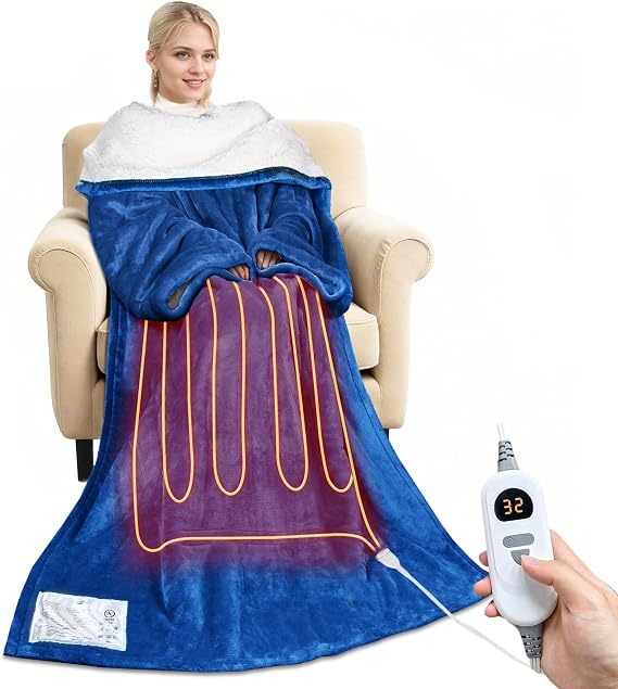 Tirrinia Heated Blanket, Wearable Electric Blanket, Sherpa Heating Blanket, Electric Throw Blanket for 5 Heating Levels, Gifts for Mom, Grandma, Men, Blue